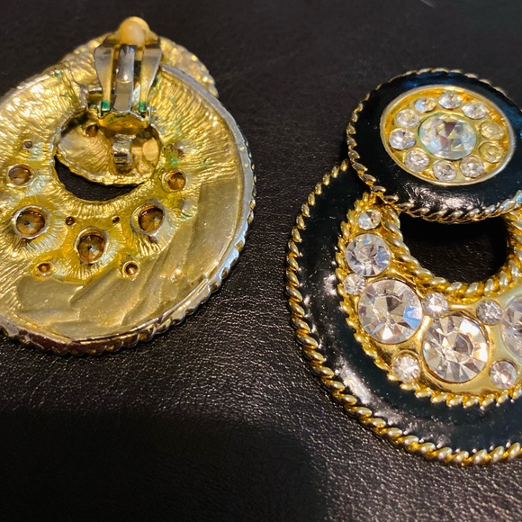 Clip On Black and Gold Earrings with Faux Diamonds - Picture 4 of 5